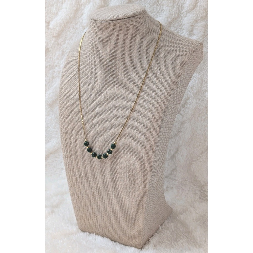 Vintage Gold Tone Green Stone Bead Necklace Minimalist Dainty Chain
